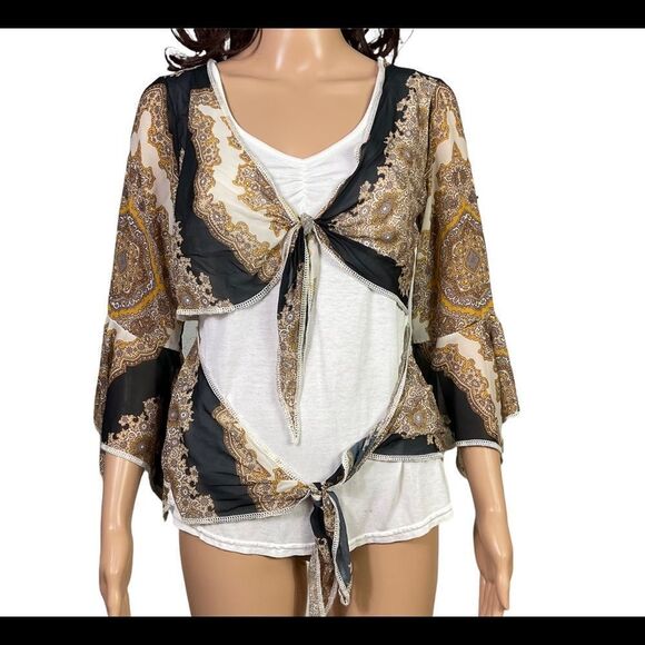 Zone Bleue Paris white with scarf print double tie front bell sleeves blouse S - Picture 1 of 7